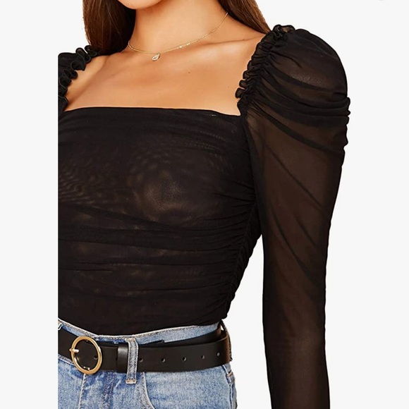 Floerns • Mesh Sheer Ruched Tops Square Neck Long Sleeve - Picture 3 of 4